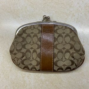 EUC COACH Khaki/Brown 5” x 4” Signature Coin Purse w/Leather Trim